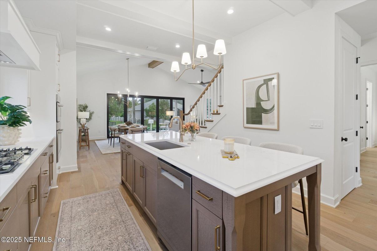 Dining room, Interior, Kitchen, Pendant Lights, Recessed Lighting, Wood Texture Flooring