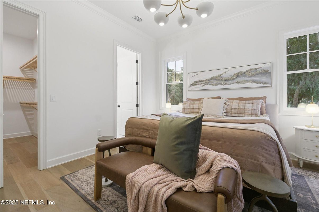 Bedroom, Interior, Pendant Lights, Wood Texture Flooring