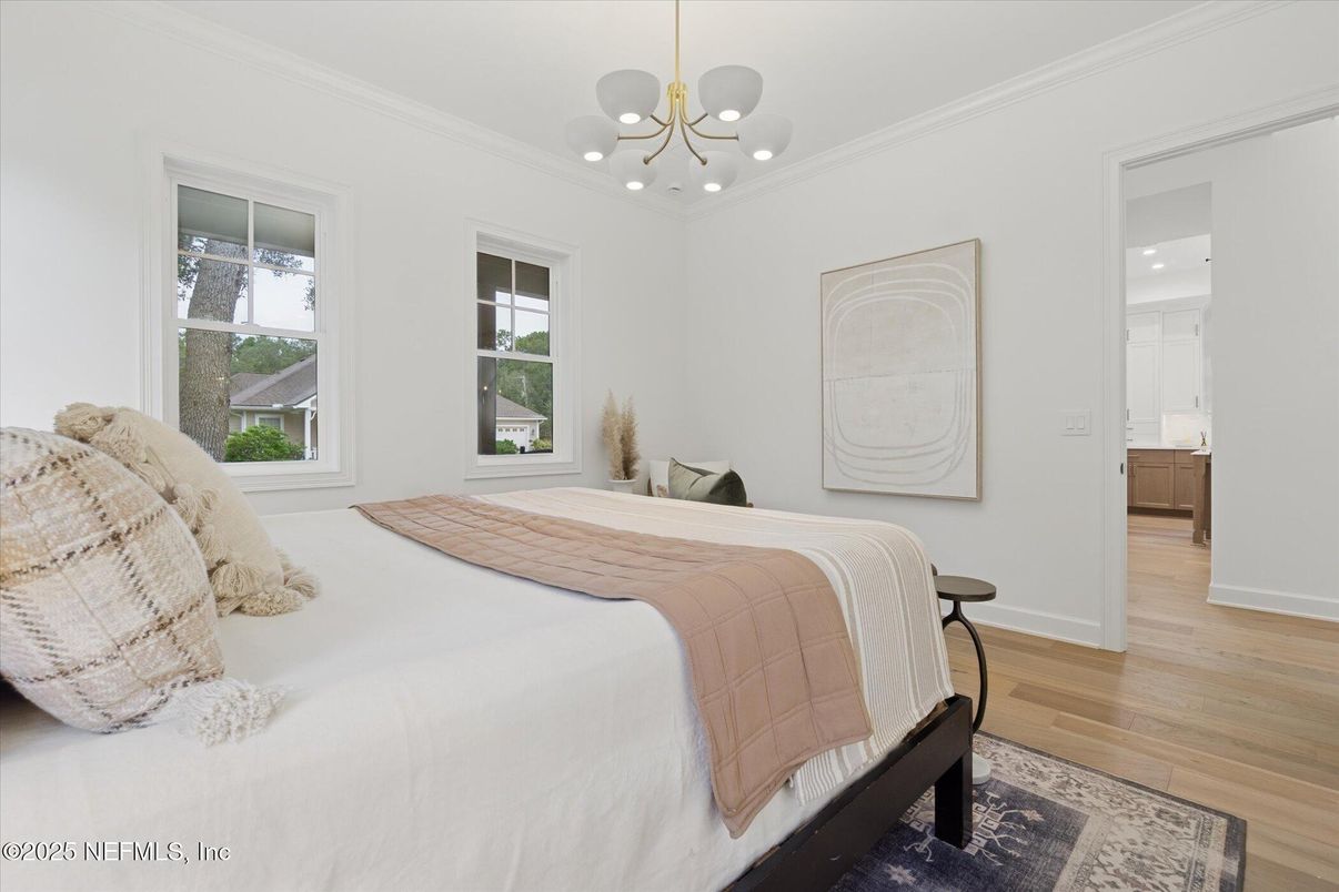 Bedroom, Interior, Pendant Lights, Wood Texture Flooring