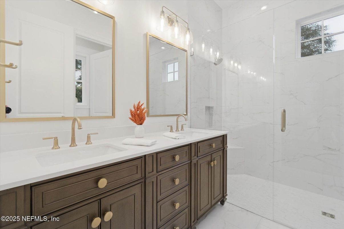 Bathroom, Dual Sink Vanities, Glass Shower, Interior, Marble Walls