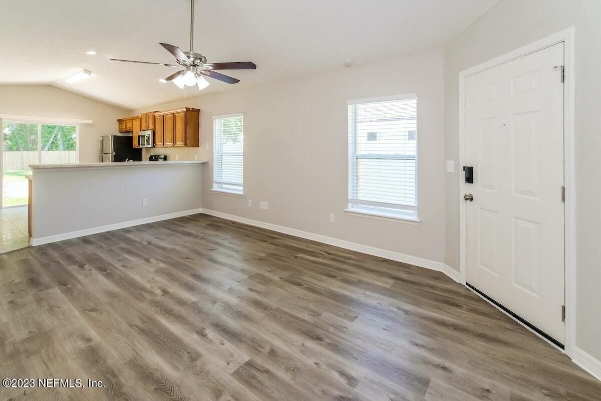 Empty room, Interior, Kitchen, Recessed Lighting, Wood Texture Flooring