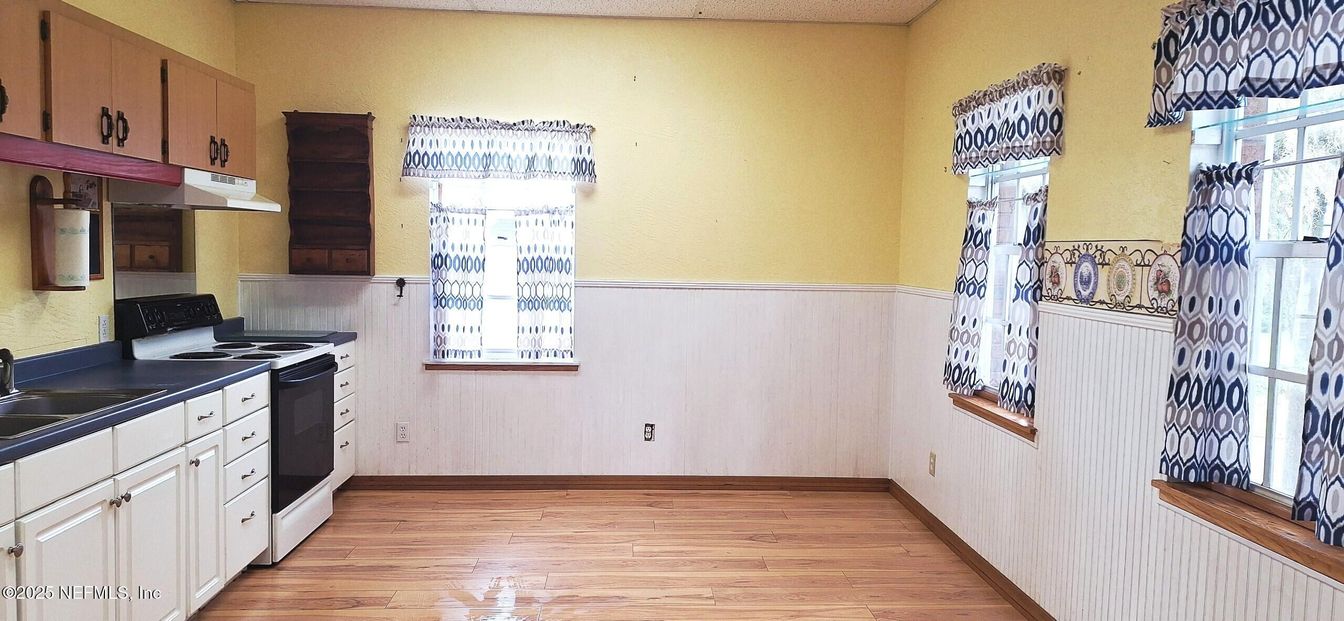 Interior, Kitchen, Tile Countertops, Wood Texture Flooring