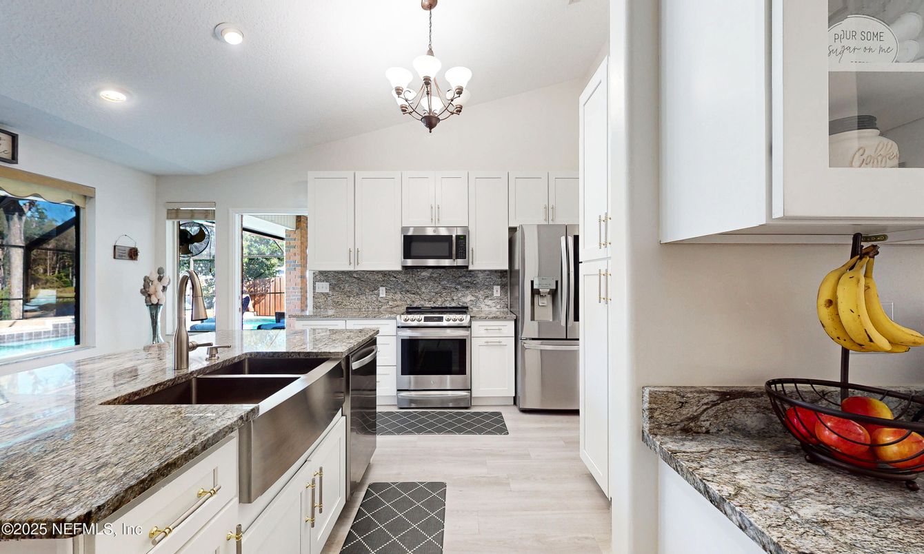 Chandelier, Interior, Kitchen, Pendant Lights, Recessed Lighting, Stainless Steel Appliances, Wood Texture Flooring
