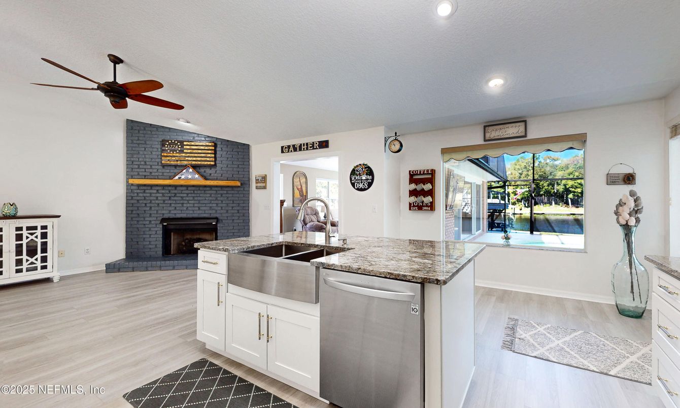 Fireplace, Interior, Kitchen, Recessed Lighting, Stone Walls, Wood Texture Flooring