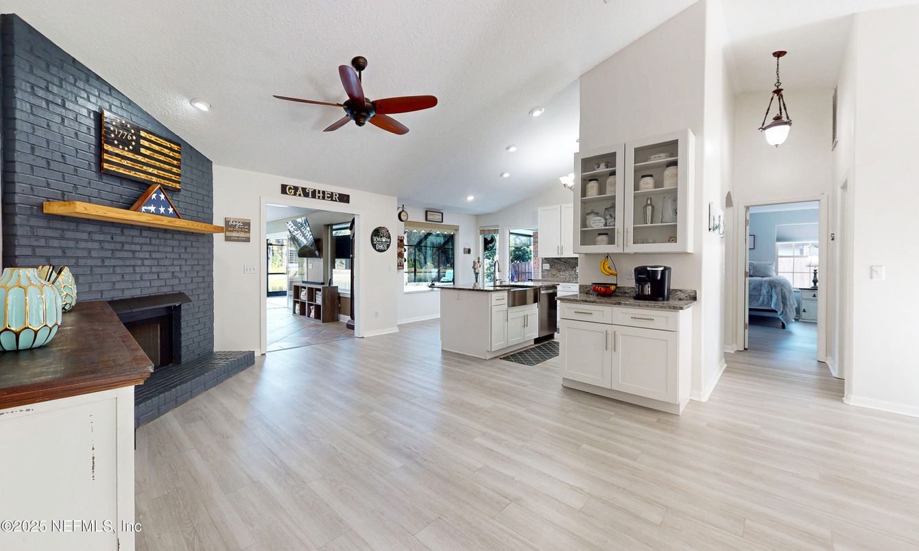 Fireplace, Interior, Kitchen, Pendant Lights, Recessed Lighting, Stone Walls, Wood Texture Flooring