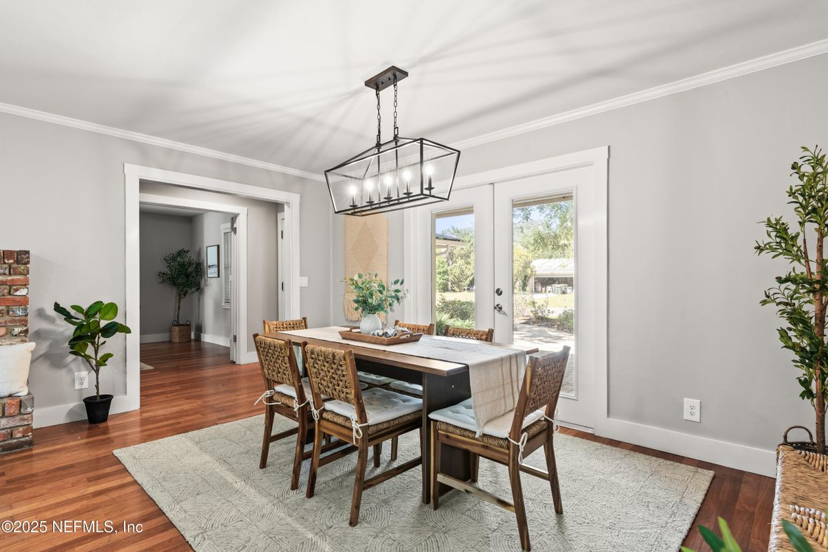 Dining room, Interior, Pendant Lights, Wood Texture Flooring