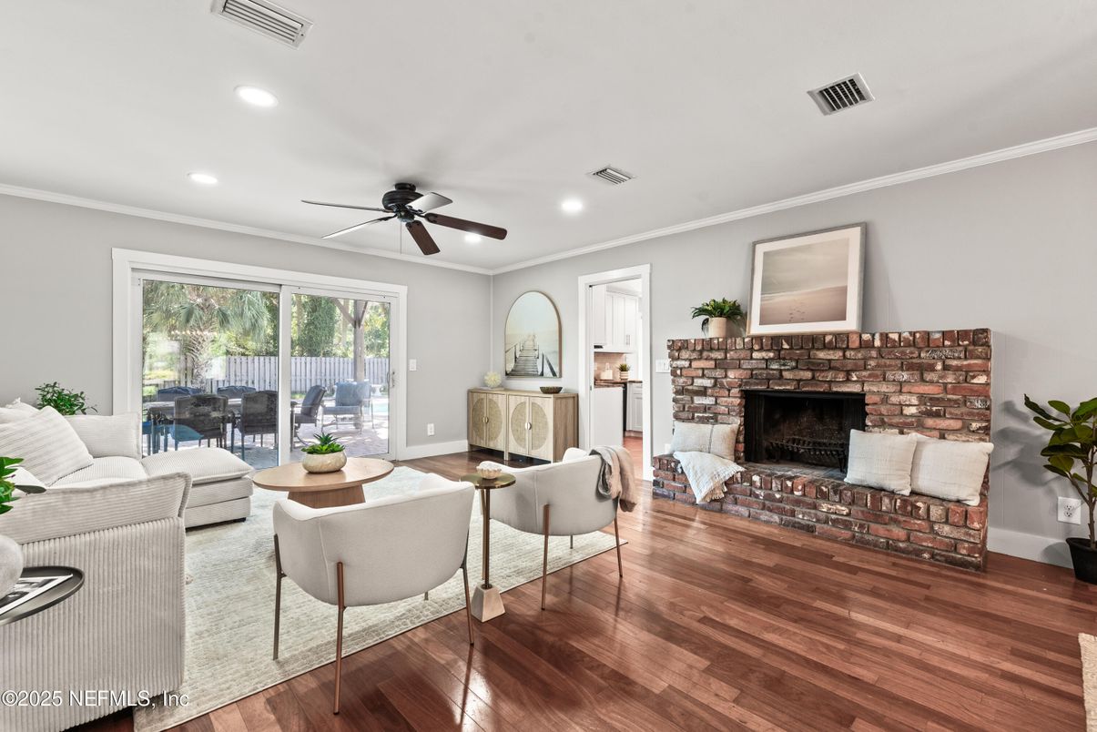 Fireplace, Interior, Living room, Recessed Lighting, Wood Texture Flooring