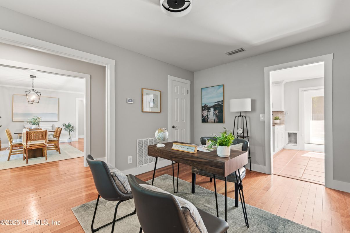 Dining room, Interior, Pendant Lights, Wood Texture Flooring