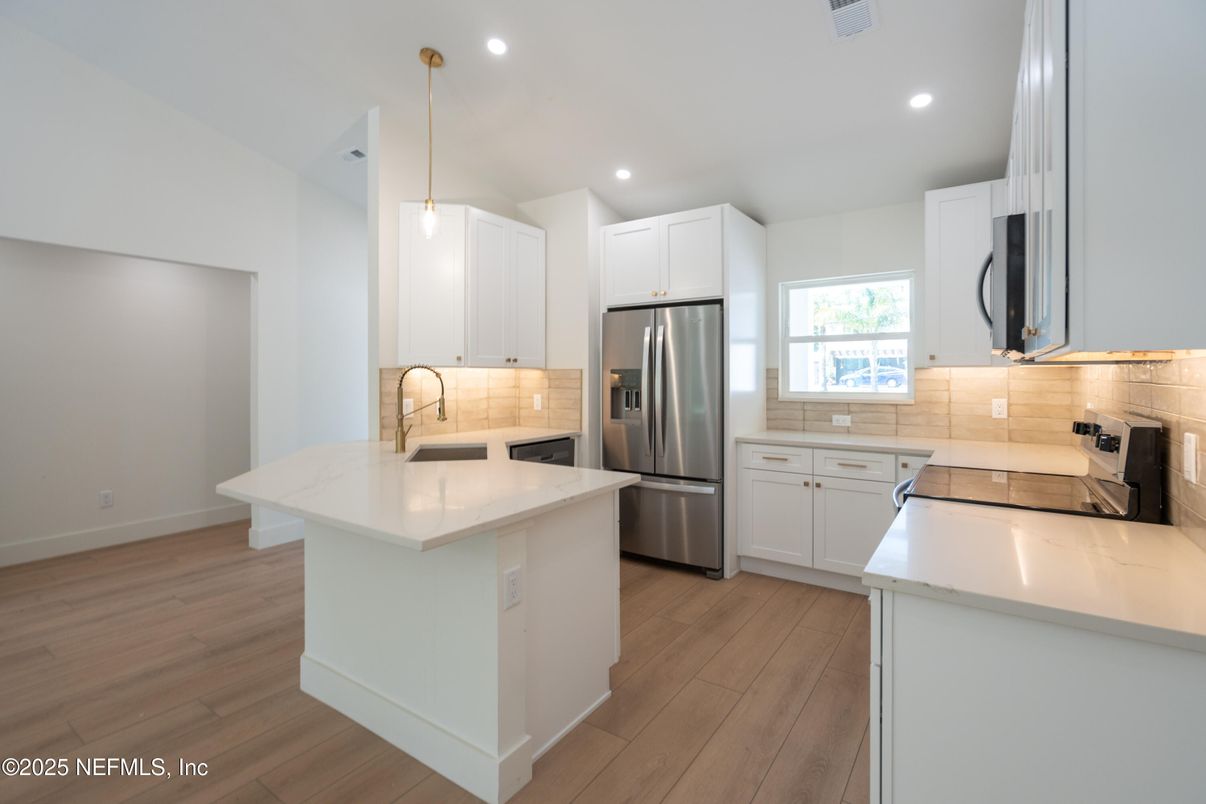 Interior, Kitchen, Pendant Lights, Recessed Lighting, Stainless Steel Appliances, Wood Texture Flooring