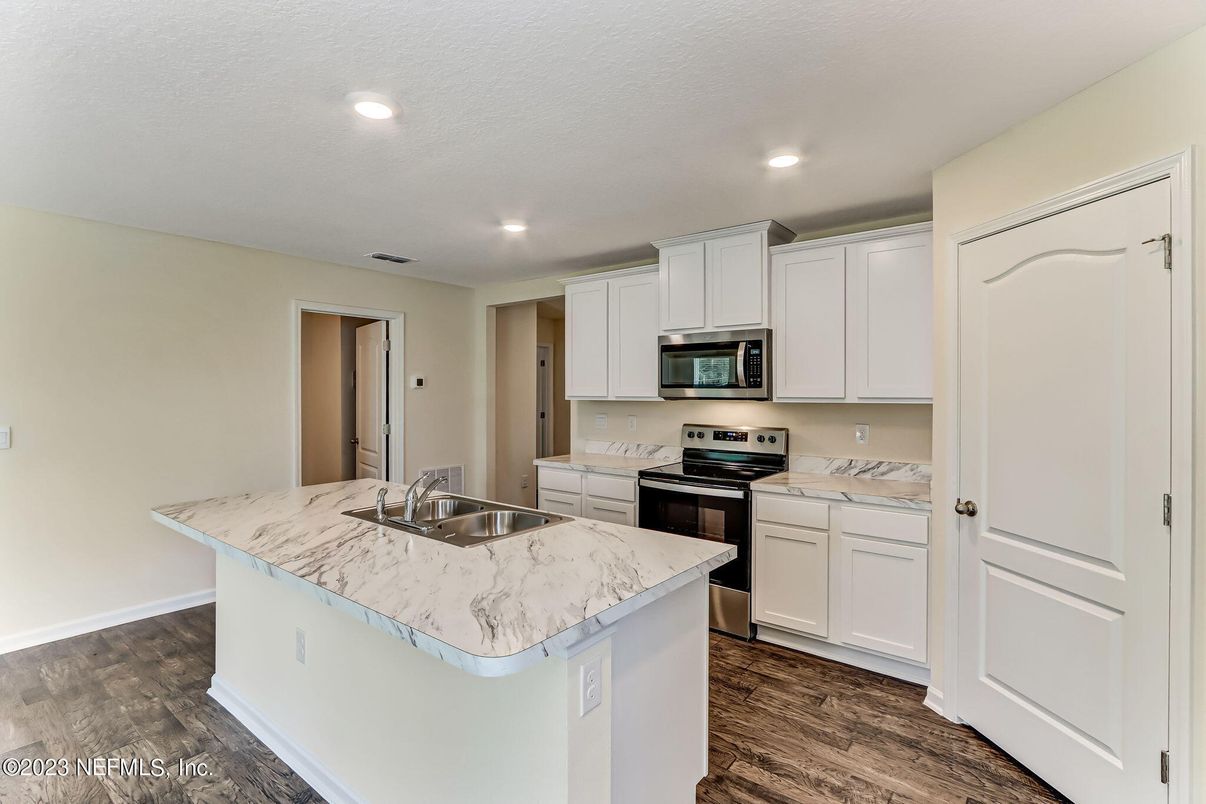 Interior, Kitchen, Recessed Lighting, Stainless Steel Appliances, Wood Texture Flooring