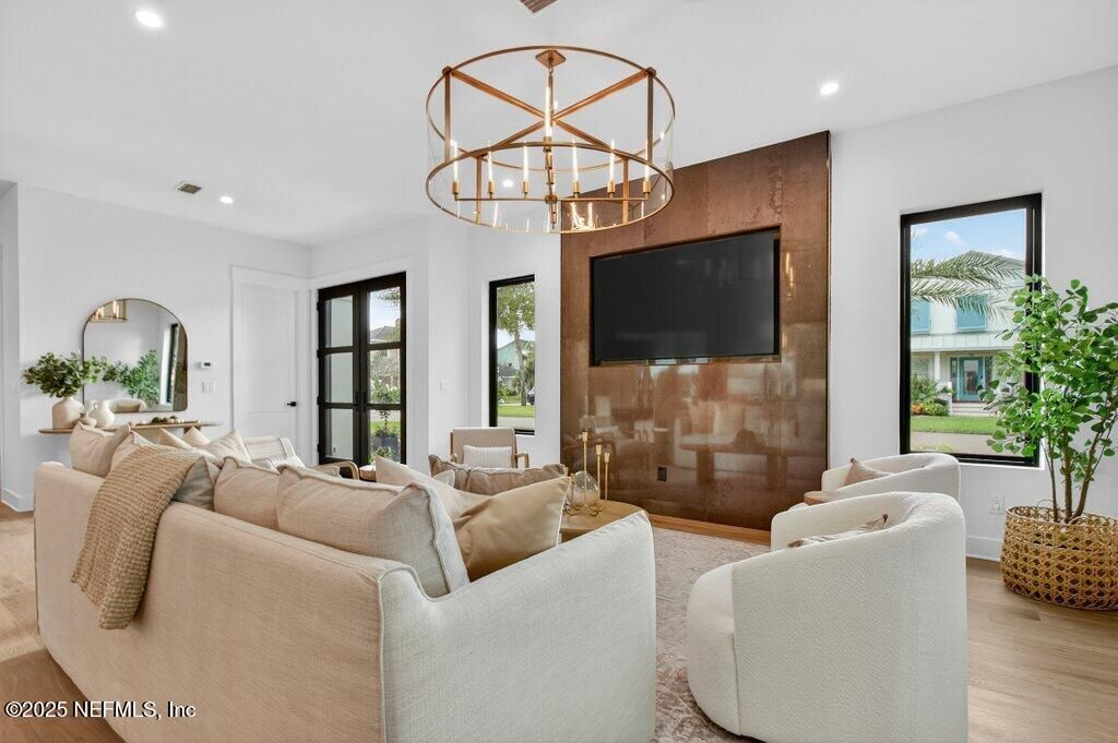 Chandelier, Interior, Living room, Pendant Lights, Recessed Lighting, Wood Texture Flooring