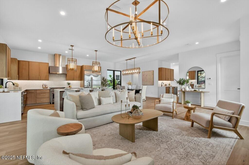 Dining room, Interior, Kitchen, Living room, Pendant Lights, Recessed Lighting, Stainless Steel Appliances, Wood Texture Flooring