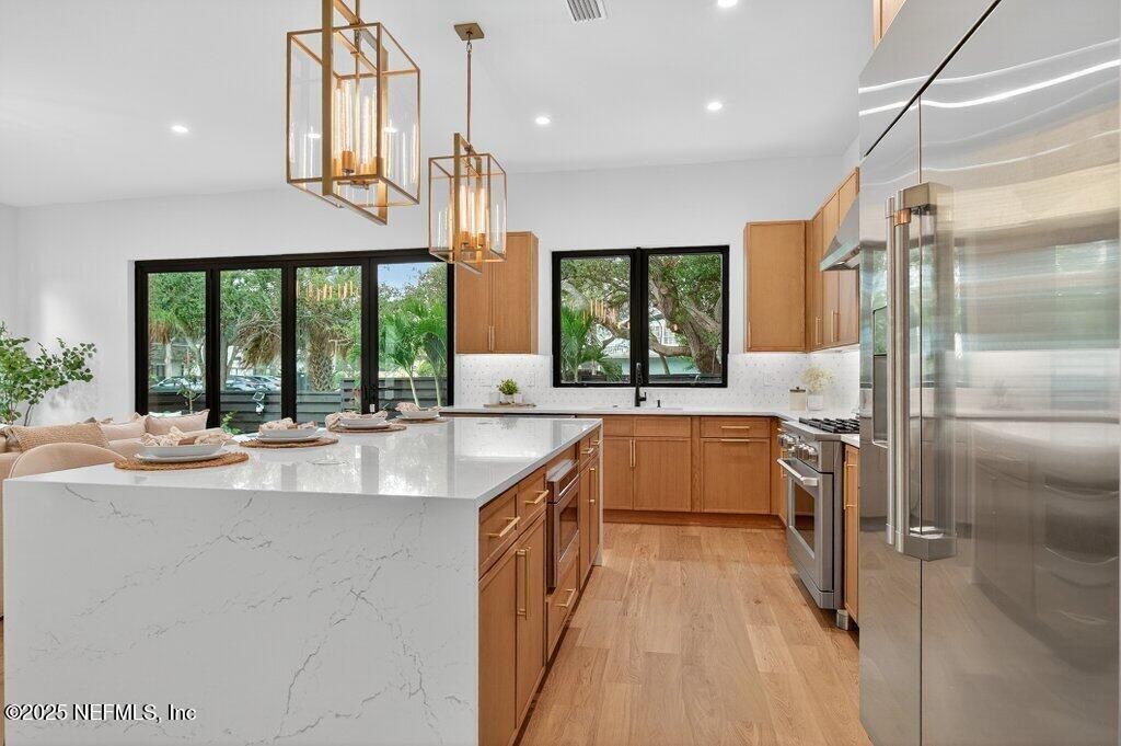 Interior, Kitchen, Pendant Lights, Recessed Lighting, Stainless Steel Appliances, Wood Texture Flooring