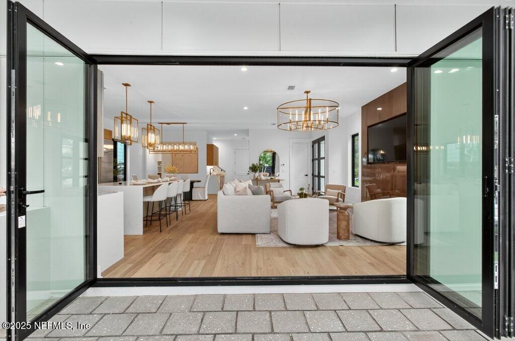 Chandelier, Dining room, Interior, Kitchen, Living room, Pendant Lights, Recessed Lighting, Wood Texture Flooring