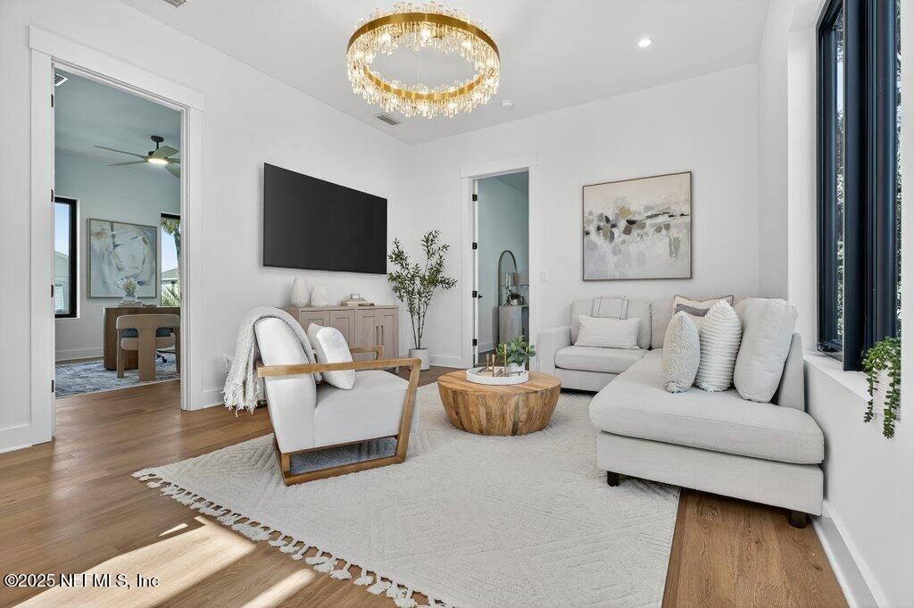 Chandelier, Interior, Living room, Recessed Lighting, Wood Texture Flooring