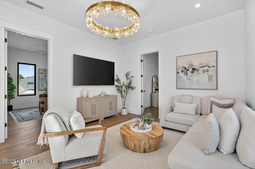 Chandelier, Interior, Living room, Recessed Lighting, Wood Texture Flooring