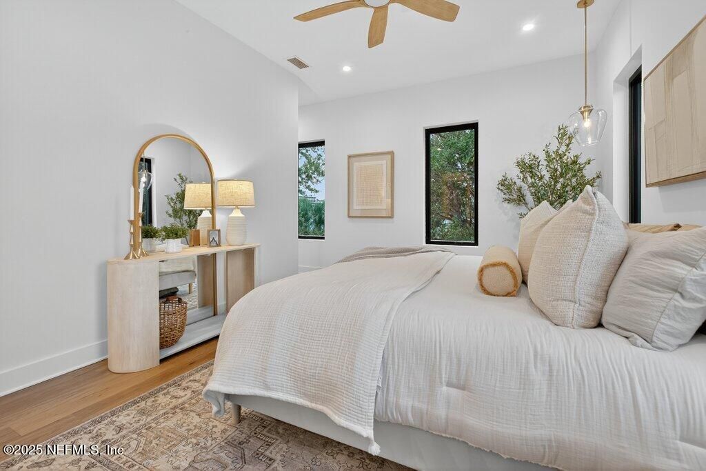 Bedroom, Interior, Pendant Lights, Recessed Lighting, Wood Texture Flooring