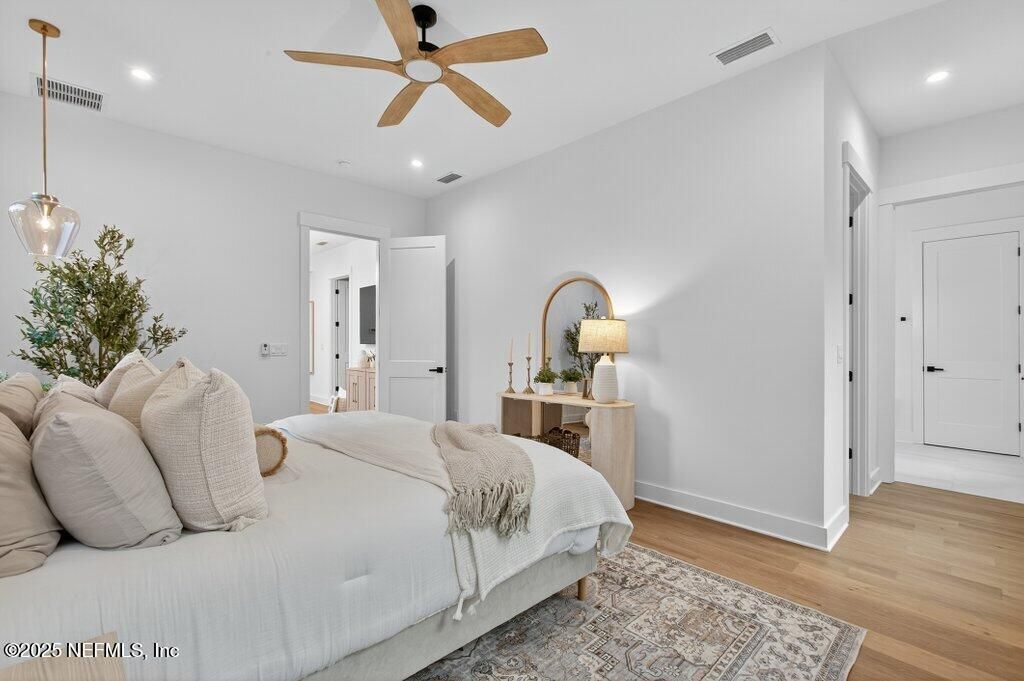 Bedroom, Interior, Pendant Lights, Recessed Lighting, Wood Texture Flooring