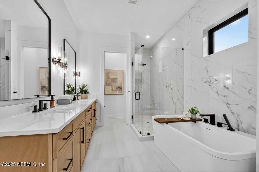 Bathroom, Dual Sink Vanities, Glass Shower, Interior, Marble Walls, Recessed Lighting