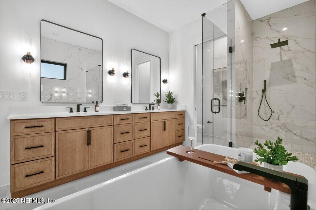 Bathroom, Dual Sink Vanities, Glass Shower, Interior, Marble Walls