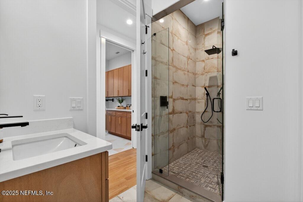 Bathroom, Glass Shower, Interior, Recessed Lighting, Wood Texture Flooring