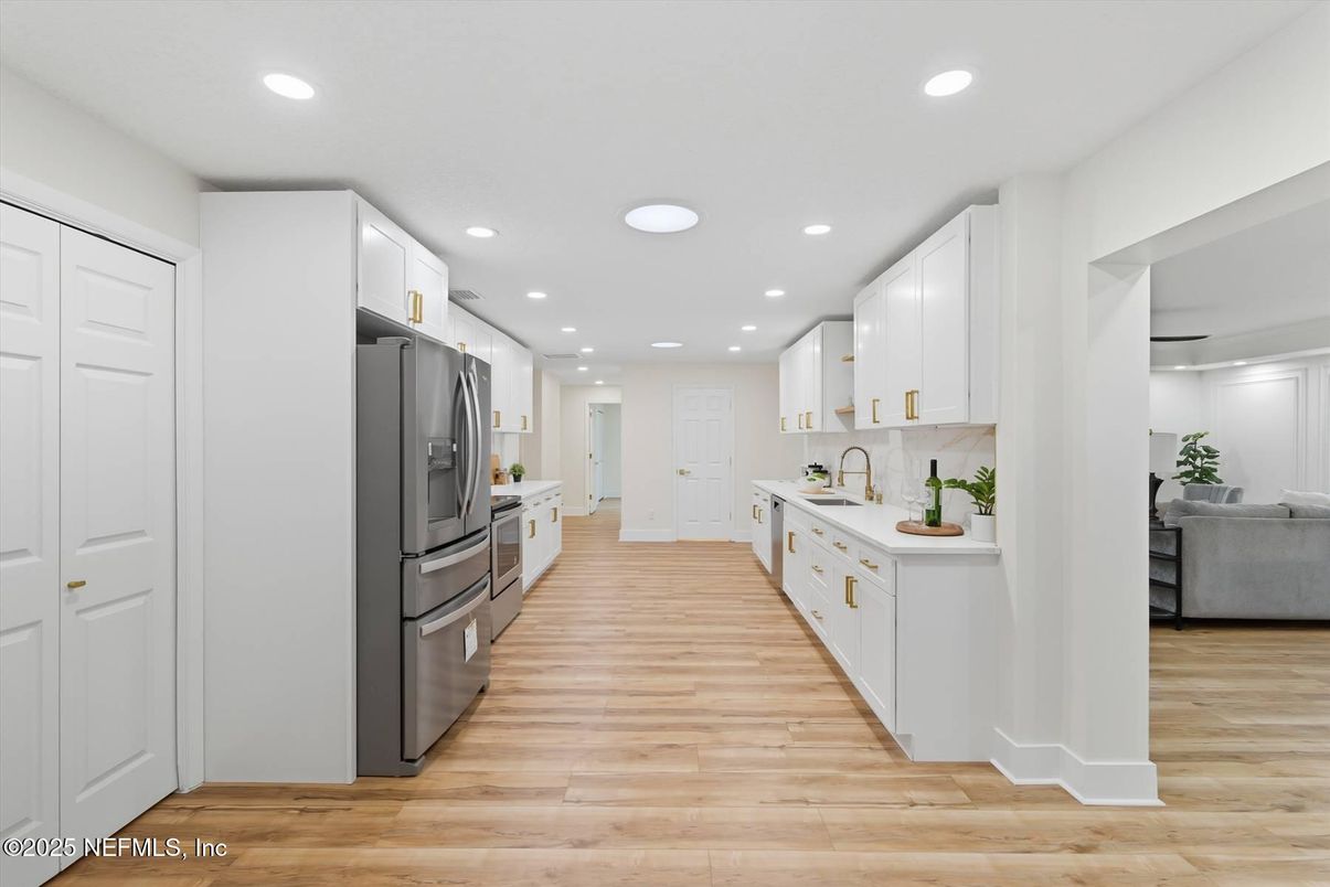 Interior, Kitchen, Recessed Lighting, Stainless Steel Appliances, Wood Texture Flooring