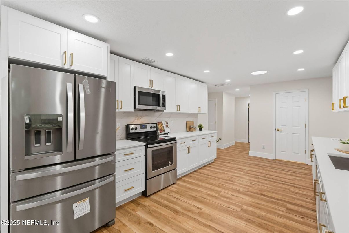Interior, Kitchen, Recessed Lighting, Stainless Steel Appliances, Wood Texture Flooring