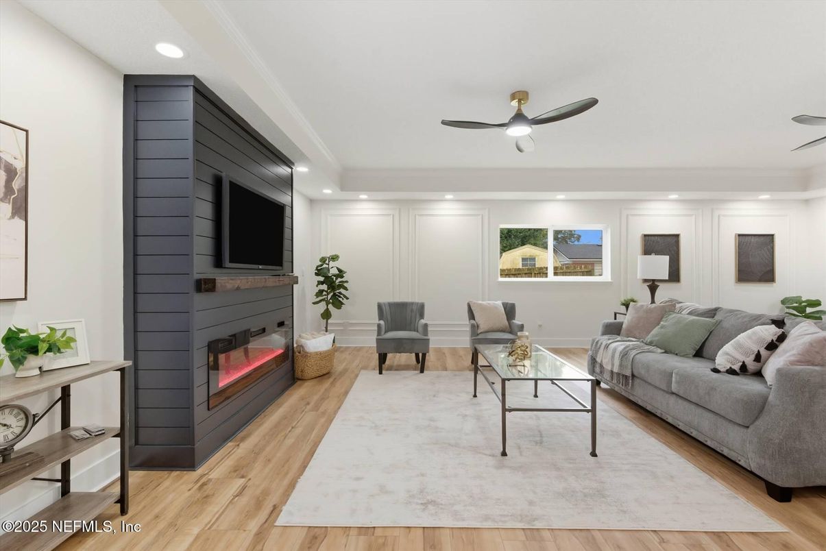 Fireplace, Interior, Living room, Recessed Lighting, Wood Texture Flooring