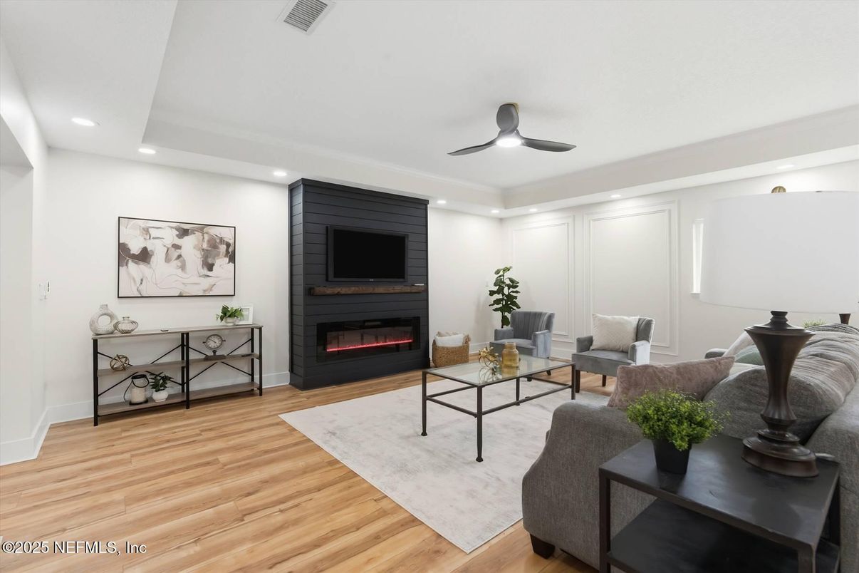 Fireplace, Interior, Living room, Recessed Lighting, Wood Texture Flooring