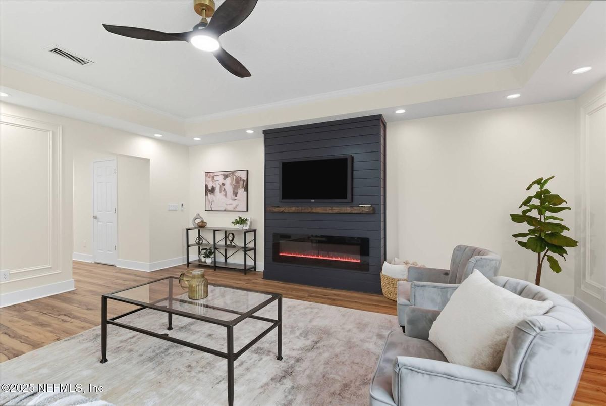 Fireplace, Interior, Living room, Recessed Lighting, Wood Texture Flooring