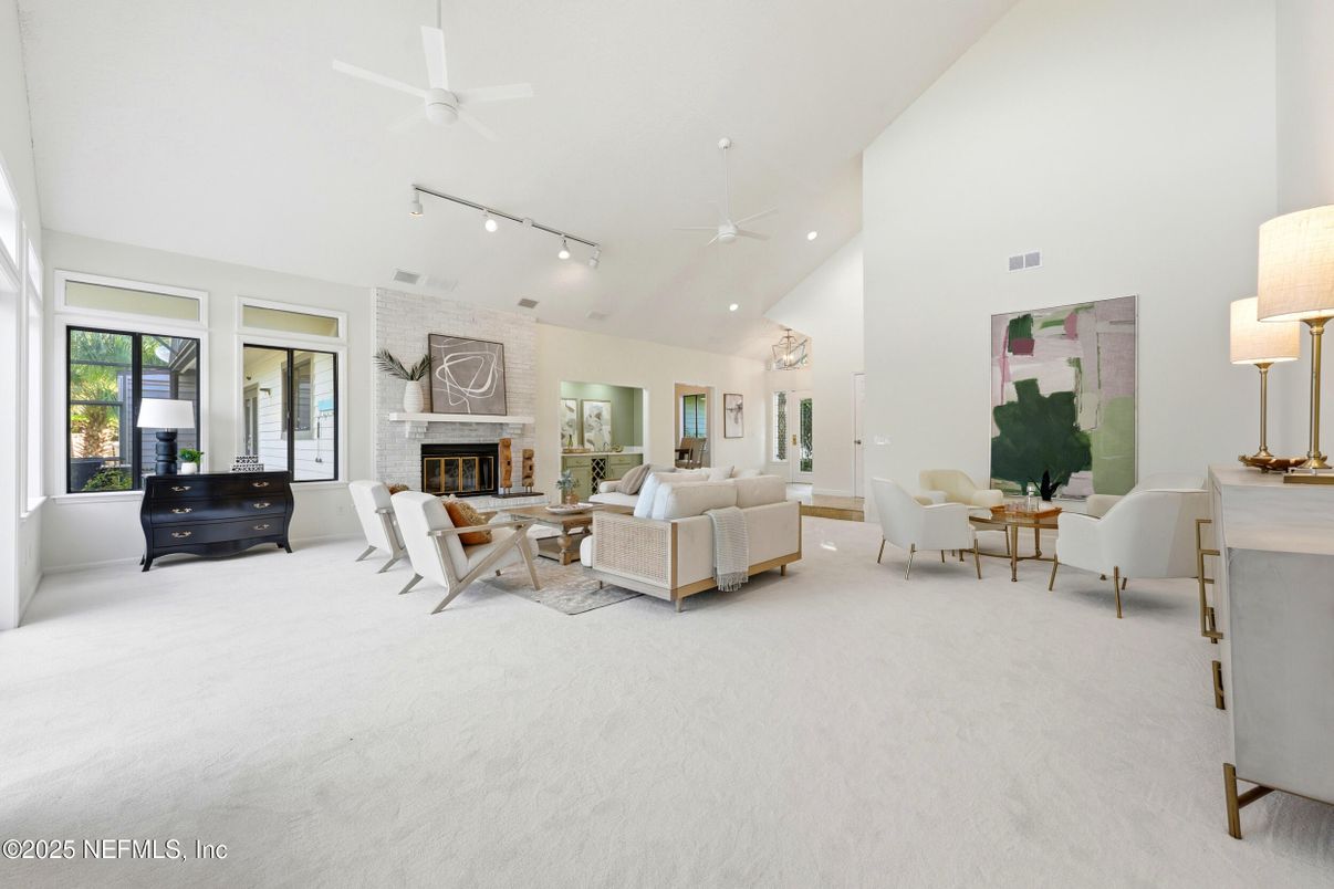 Fireplace, Interior, Living room, Recessed Lighting, Stone Walls