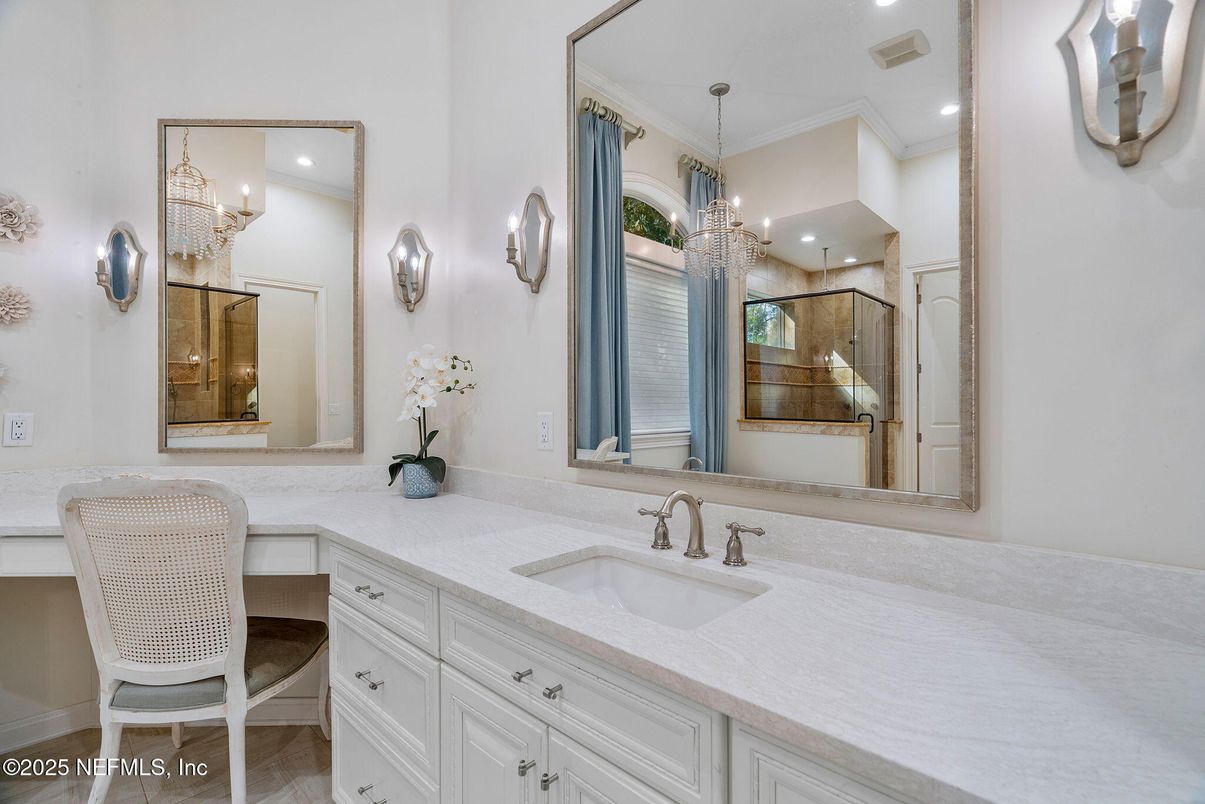 Bathroom, Chandelier, Dual Sink Vanities, Interior, Recessed Lighting