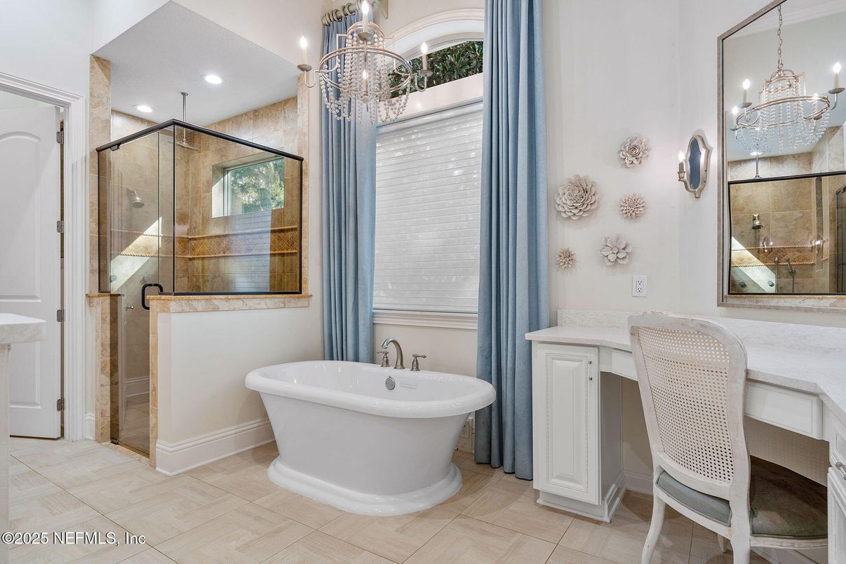 Bathroom, Chandelier, Free Standing Baths, Glass Shower, Interior, Recessed Lighting