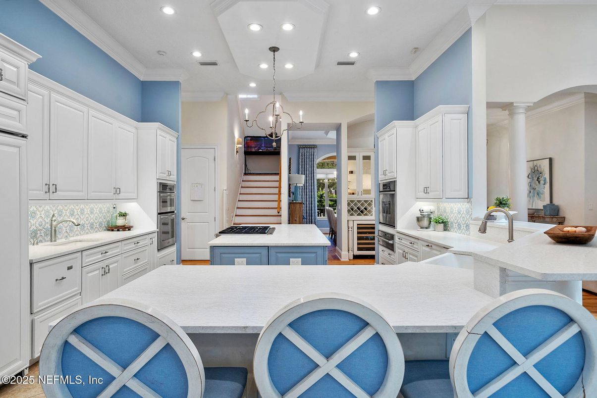 Chandelier, Interior, Kitchen, Pendant Lights, Recessed Lighting, Stainless Steel Appliances