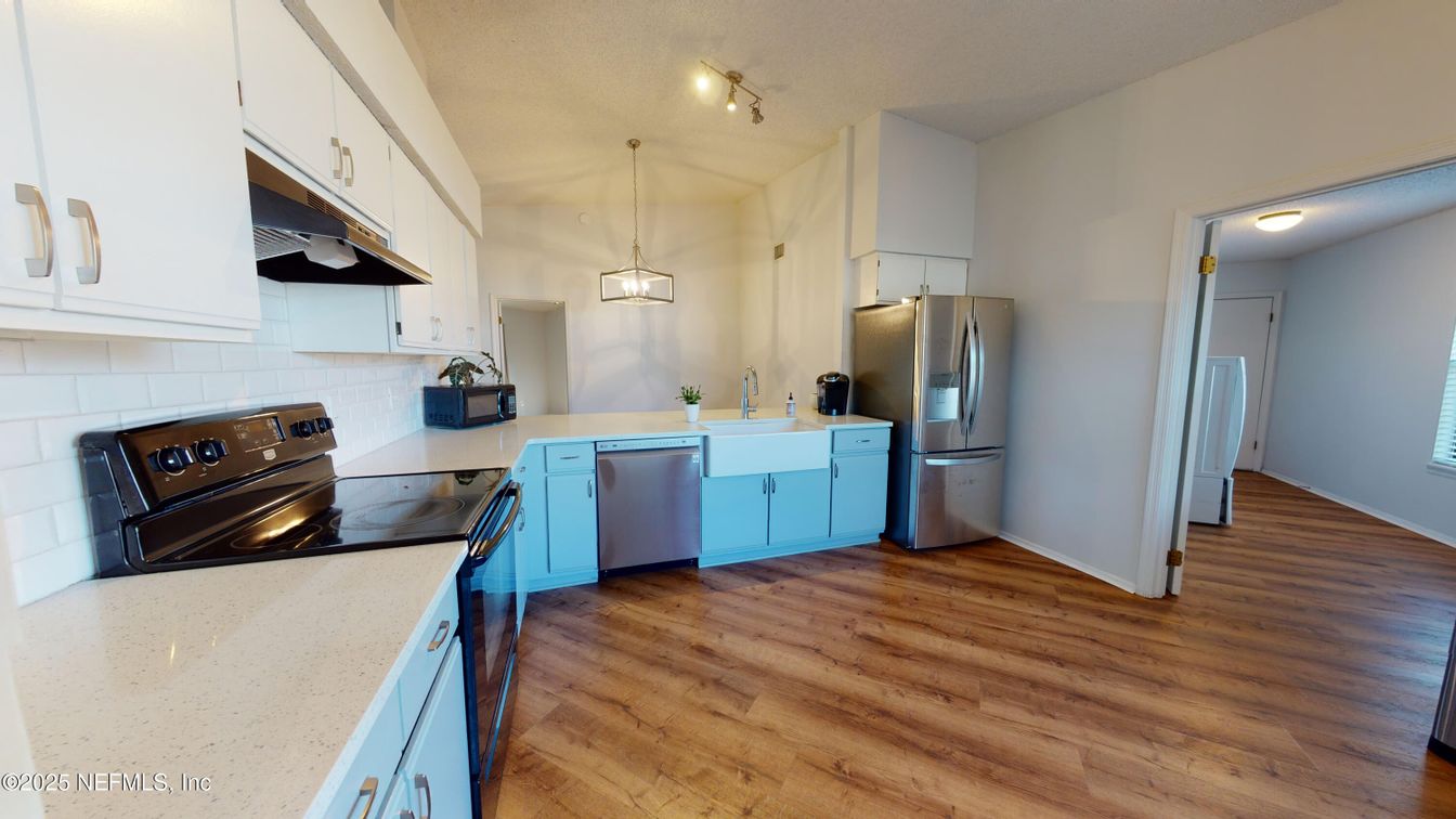 Interior, Kitchen, Pendant Lights, Stainless Steel Appliances, Wood Texture Flooring