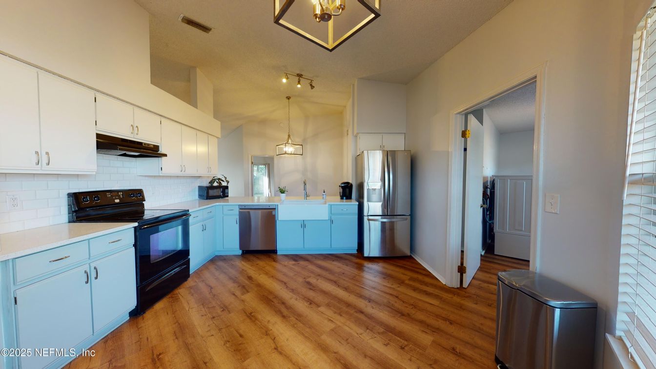 Interior, Kitchen, Pendant Lights, Stainless Steel Appliances, Wood Texture Flooring