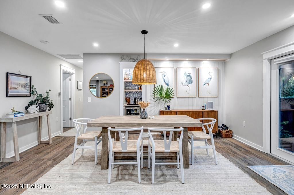 Dining room, Interior, Pendant Lights, Recessed Lighting, Wood Texture Flooring