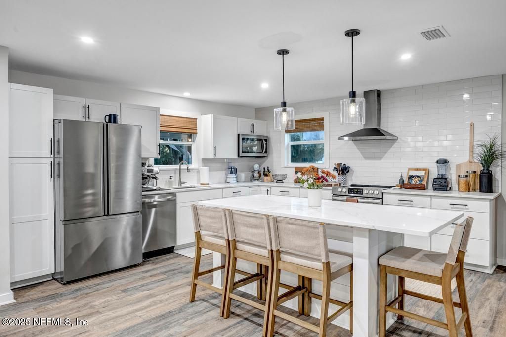 Interior, Kitchen, Pendant Lights, Recessed Lighting, Stainless Steel Appliances, Wood Texture Flooring
