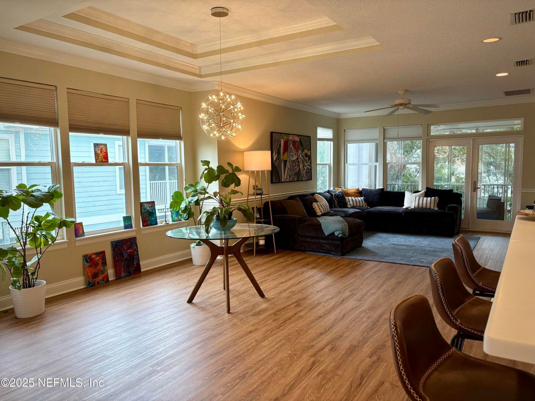 Interior, Living room, Pendant Lights, Recessed Lighting, Wood Texture Flooring