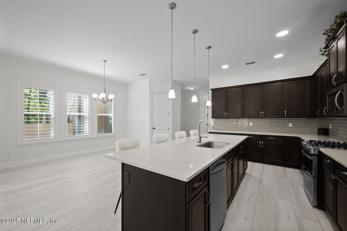 Chandelier, Interior, Kitchen, Pendant Lights, Recessed Lighting, Wood Texture Flooring