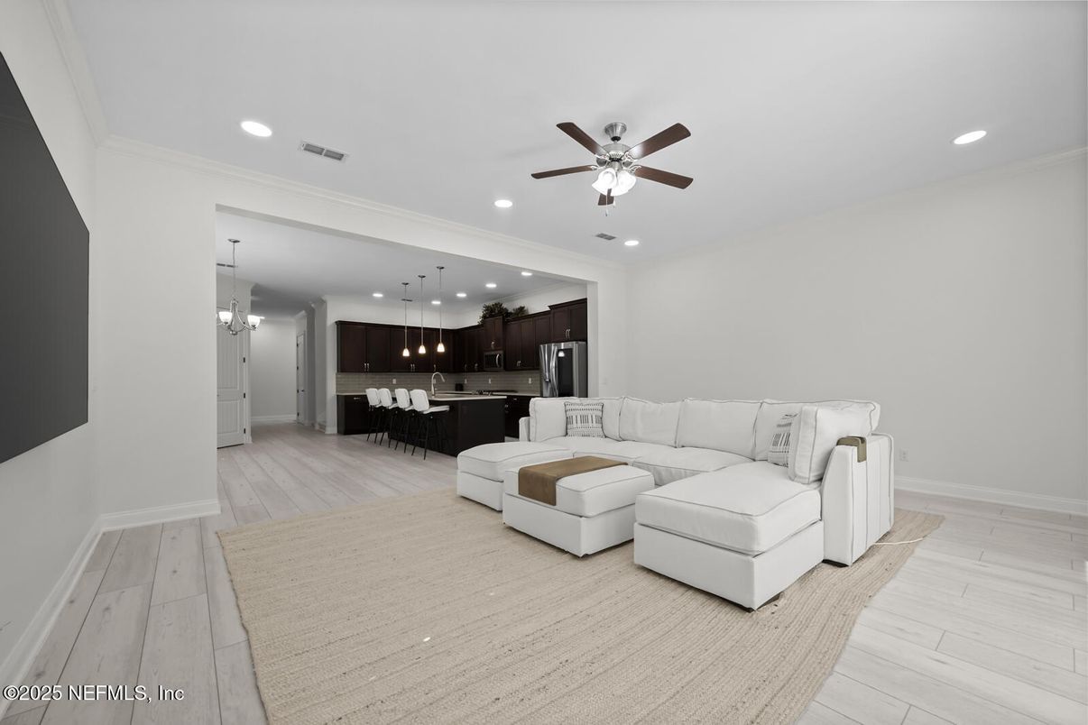 Interior, Kitchen, Living room, Pendant Lights, Recessed Lighting, Stainless Steel Appliances, Wood Texture Flooring