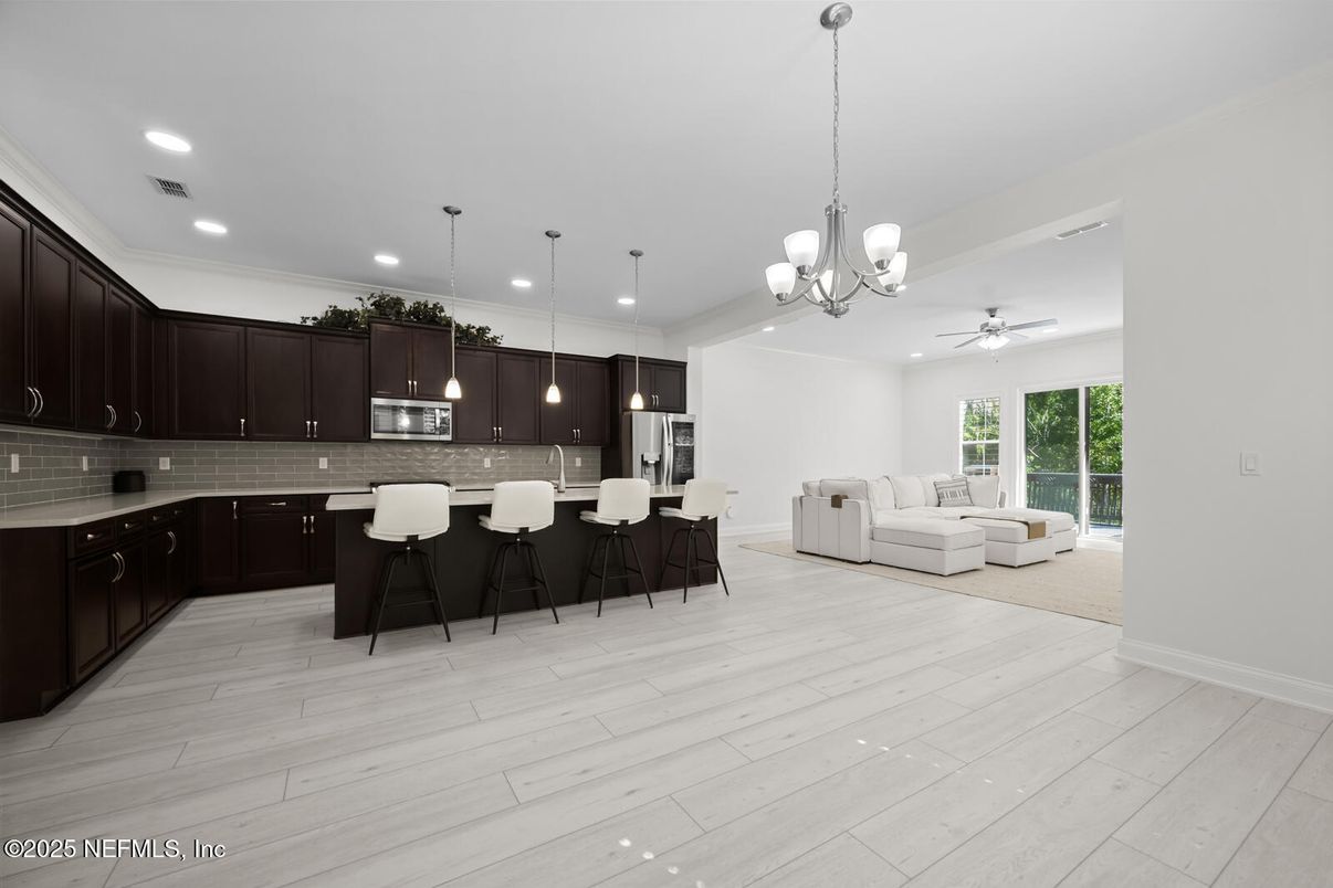 Chandelier, Interior, Kitchen, Living room, Pendant Lights, Recessed Lighting, Wood Texture Flooring