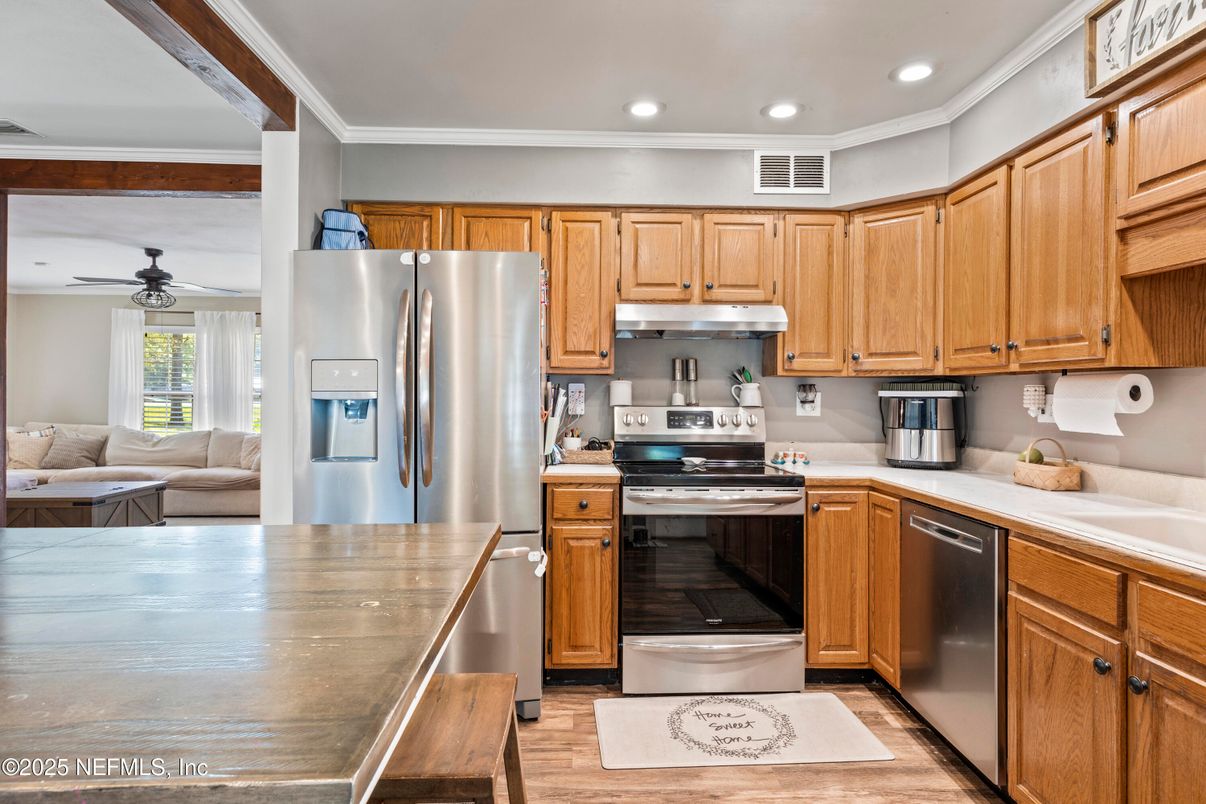 Interior, Kitchen, Living room, Recessed Lighting, Stainless Steel Appliances, Wood Texture Flooring