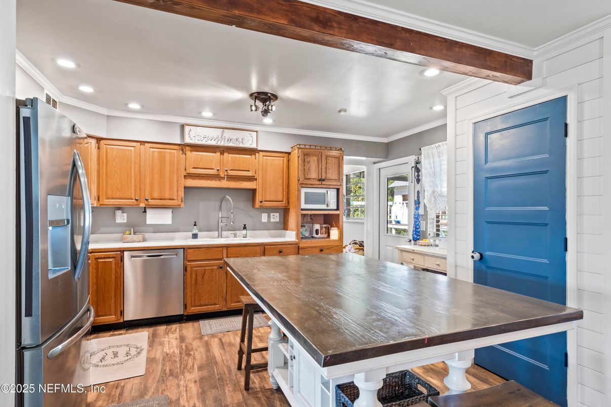 Interior, Kitchen, Recessed Lighting, Stainless Steel Appliances, Wood Texture Flooring