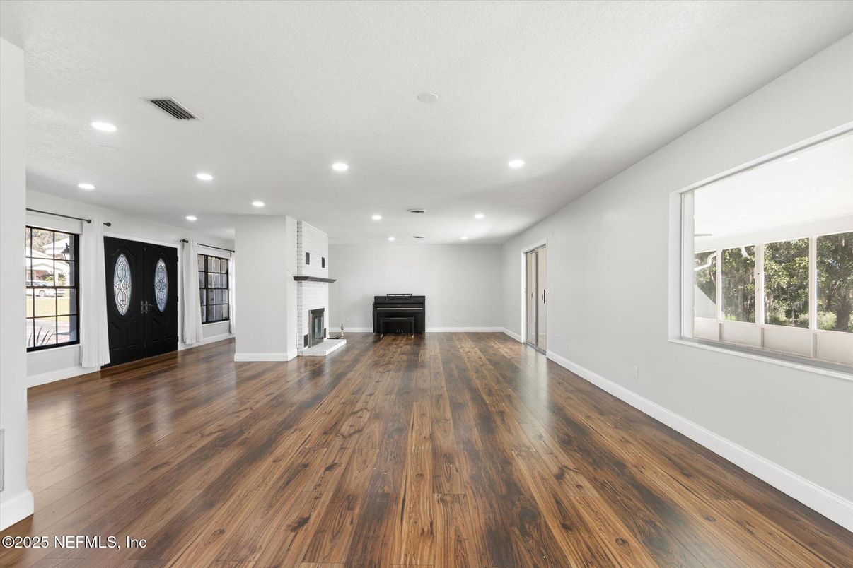Empty room, Fireplace, Interior, Recessed Lighting, Wood Texture Flooring