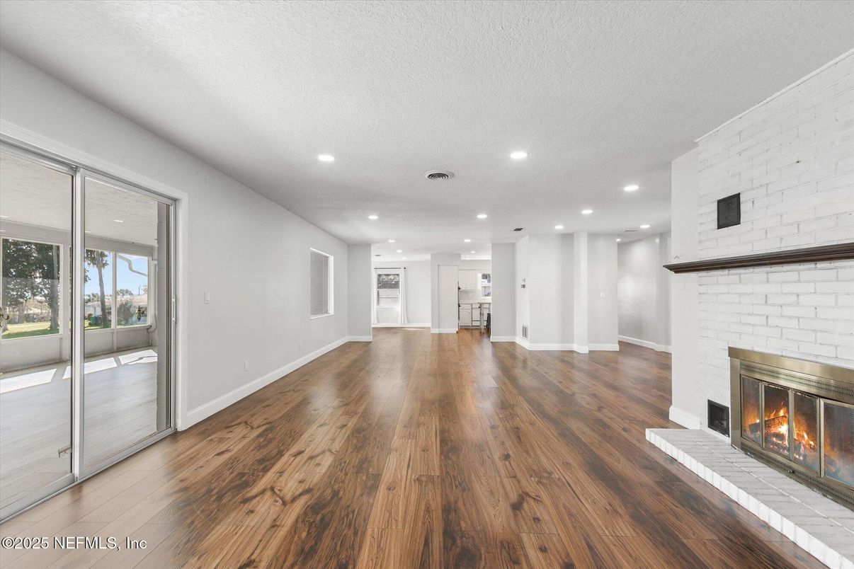 Empty room, Fireplace, Interior, Recessed Lighting, Wood Texture Flooring