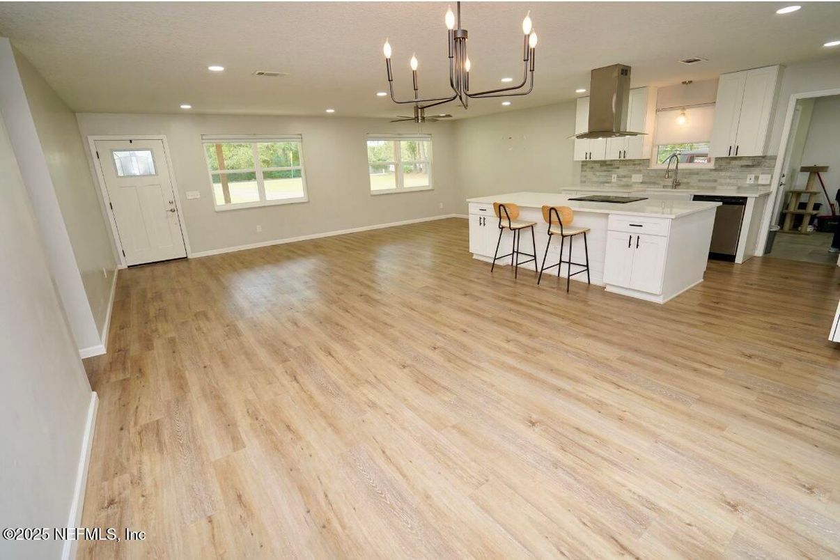 Chandelier, Empty room, Interior, Kitchen, Pendant Lights, Recessed Lighting, Wood Texture Flooring