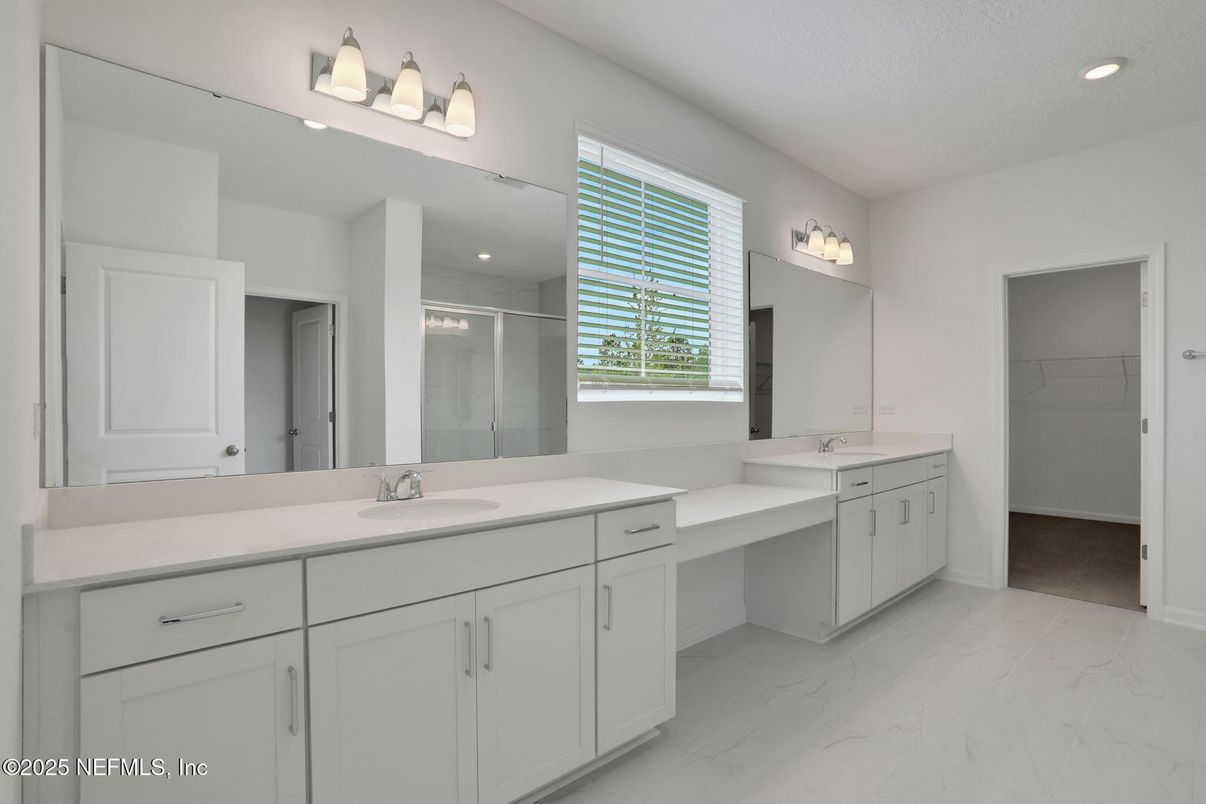 Bathroom, Dual Sink Vanities, Glass Shower, Interior, Marble, Recessed Lighting