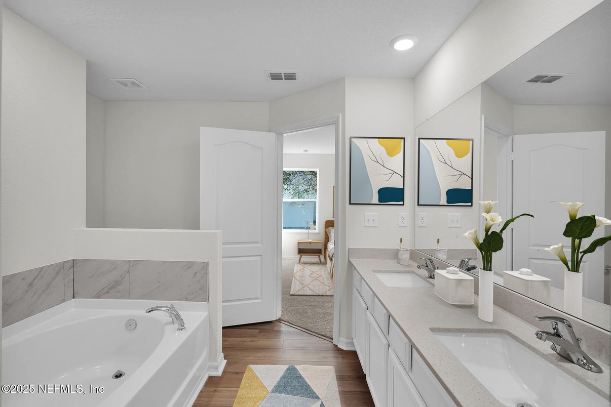Bathroom, Dual Sink Vanities, Interior, Recessed Lighting, Wood Texture Flooring
