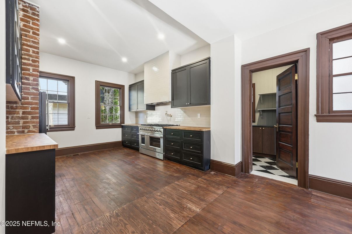 Interior, Kitchen, Recessed Lighting, Stainless Steel Appliances, Stone Walls, Wood Texture Flooring